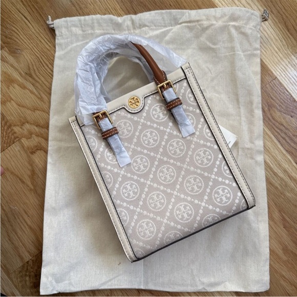 Tory Burch Handbags - Tory Burch Ivory T Monogram Jacquard Mini Crossbody Tote